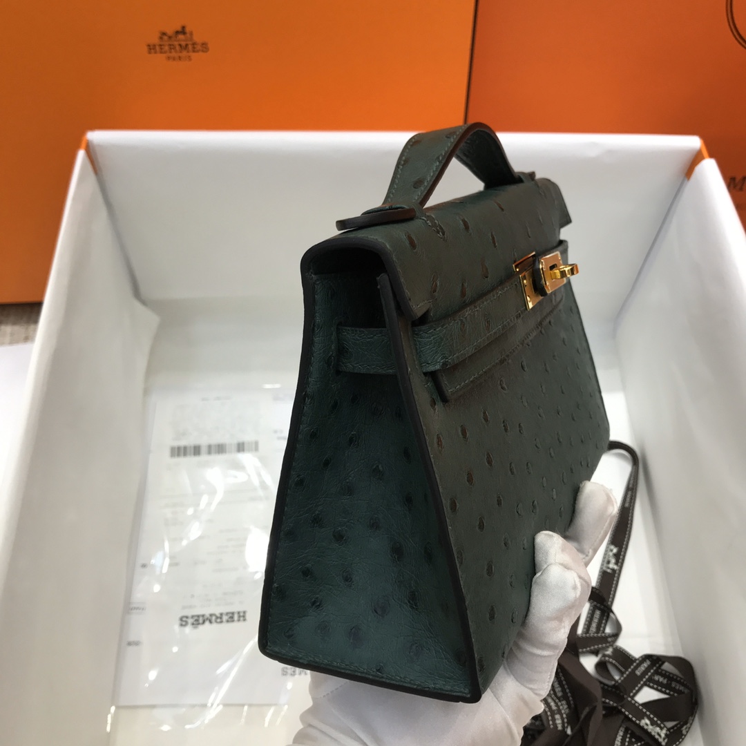 Hermes Mini Kelly Pochette 22cm Bag In Deep Green Ostrich Leather